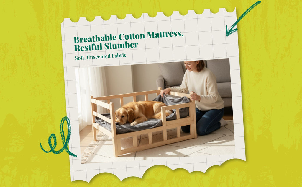 Elevated wooden pet bed, breathable