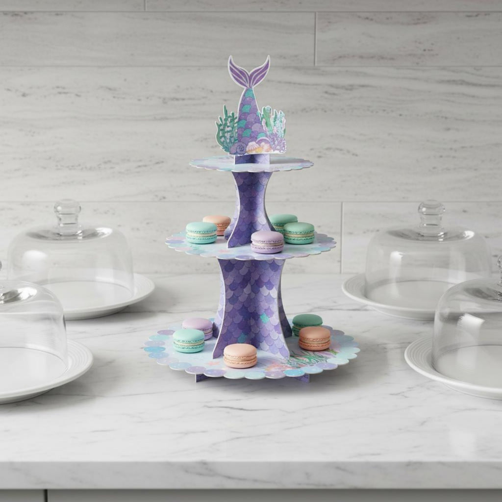 3-Tier Mermaid Cupcake Stand Easy to Assemble for Baby Shower, Girls, Kids