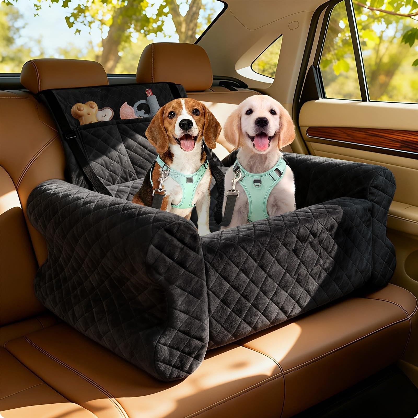Dog Car Booster Bed Removable Washable Cover Puppy Vehicle Pet Bed Thick Seatbelt Straps Lookout Booster for Road Trips