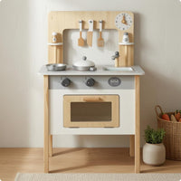Wooden Play Kitchen Freestanding Young Cooks Playset Interactive Knobs Children's Furniture
