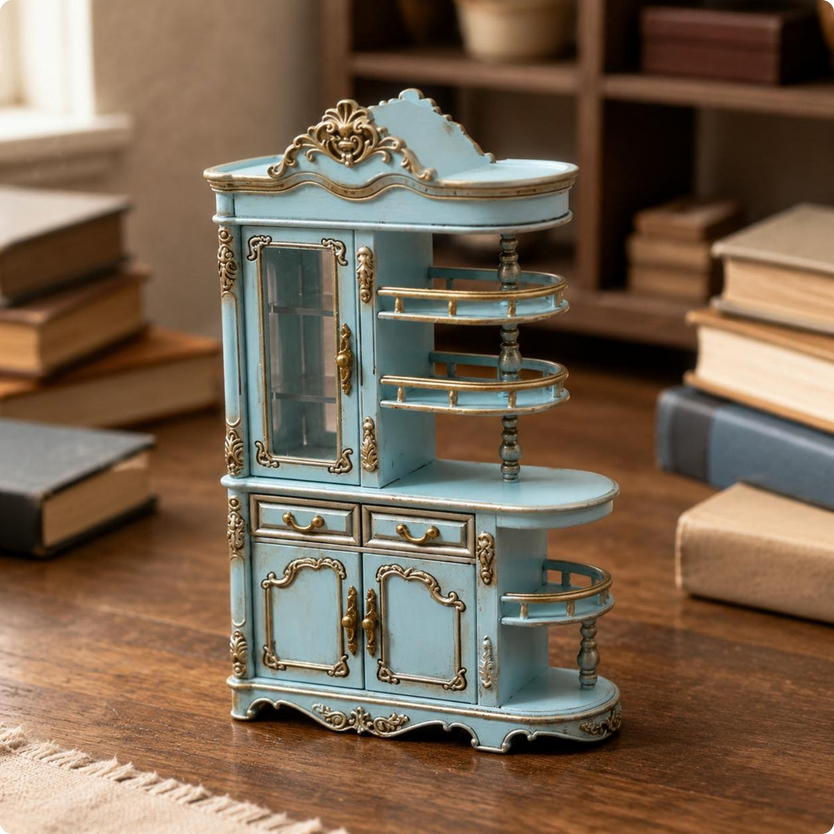 1:12 Scale Cabinet Artisanal Features Mini Display Shelf Ornate Design
