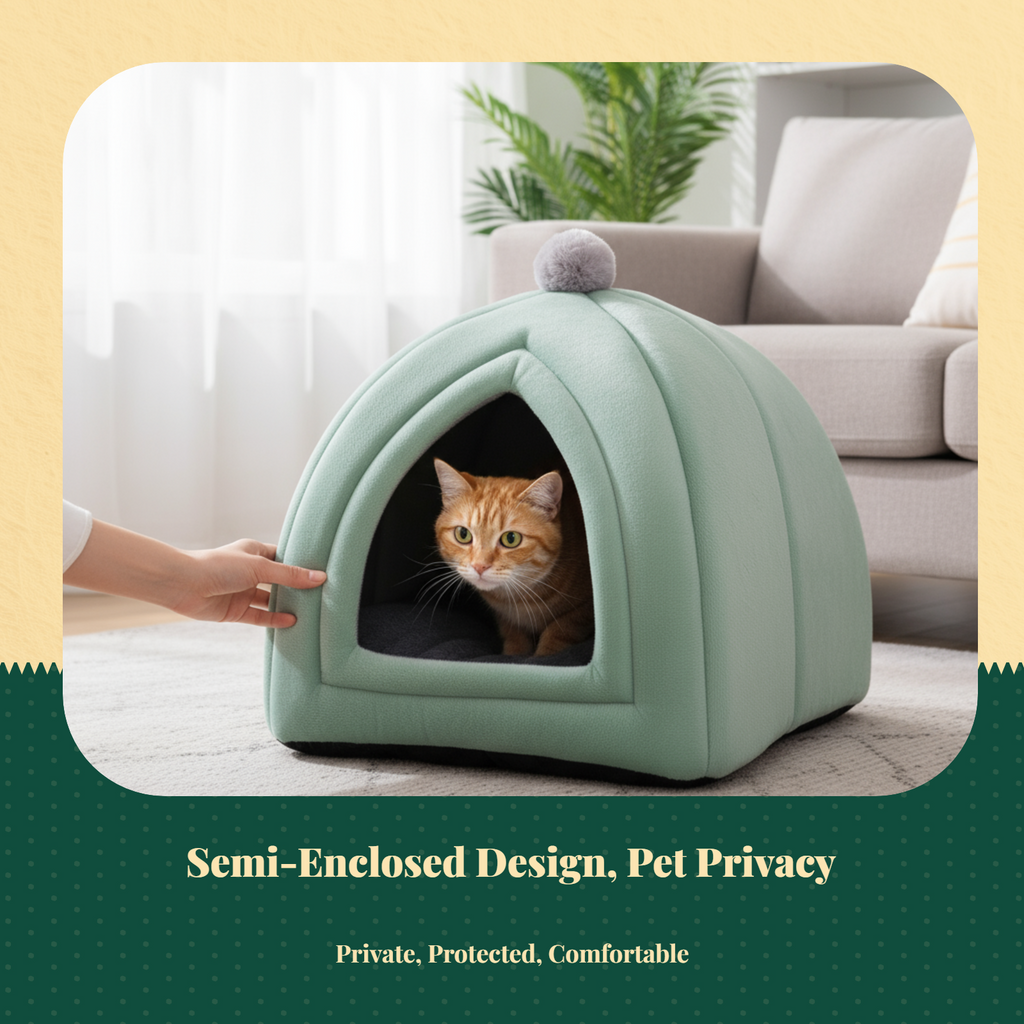 Semi-Enclosed Cat Bed, Warm Indoor Pet Cave Removable Pad
