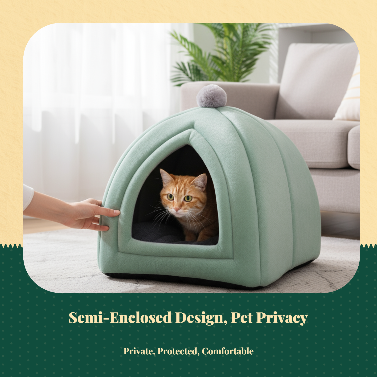 Semi-Enclosed Cat Bed, Warm Indoor Pet Cave Removable Pad