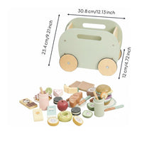 31 Pieces Wooden Food Truck Playset Great Gift Wooden Picnic Cart Set Kids Play Wood Snack Cart for Playroom
