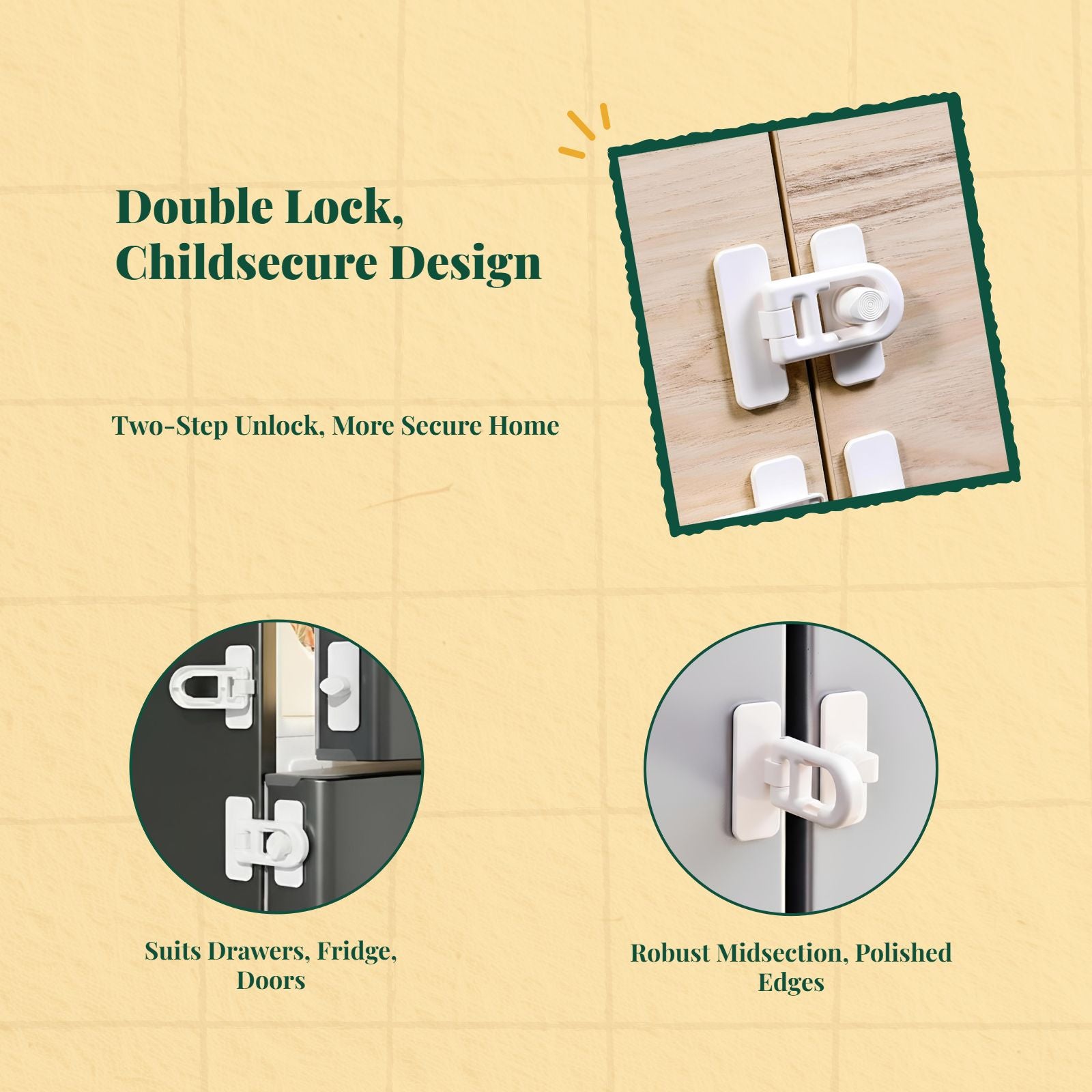 Infant Security Lock, Infant protected Cabinet Latch, Easy Installation, Drawer, Refrigerator, Door, Alabaster
