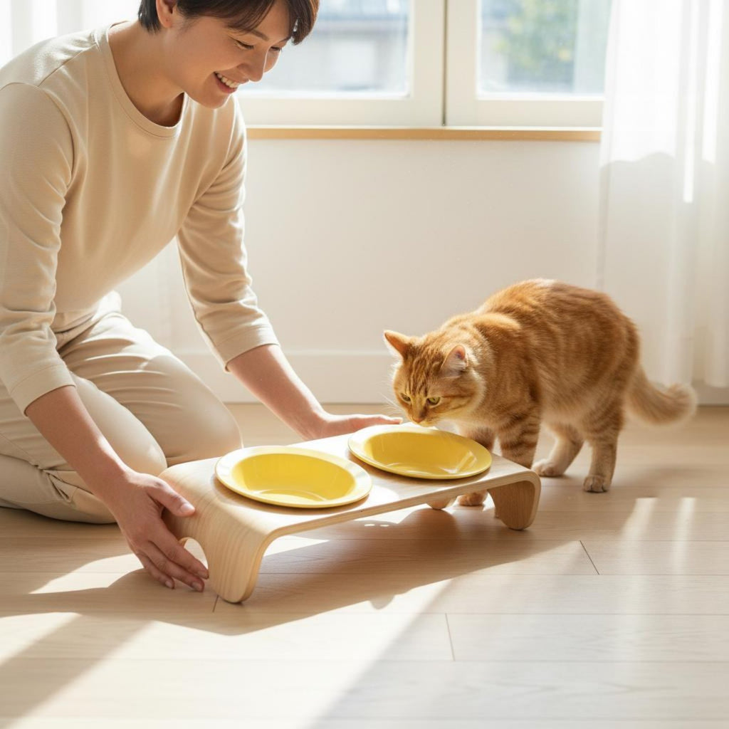 Raised Double Feline Bowl Arched Legs Wooden Feline Bowl Stand 150 Ml Capacity