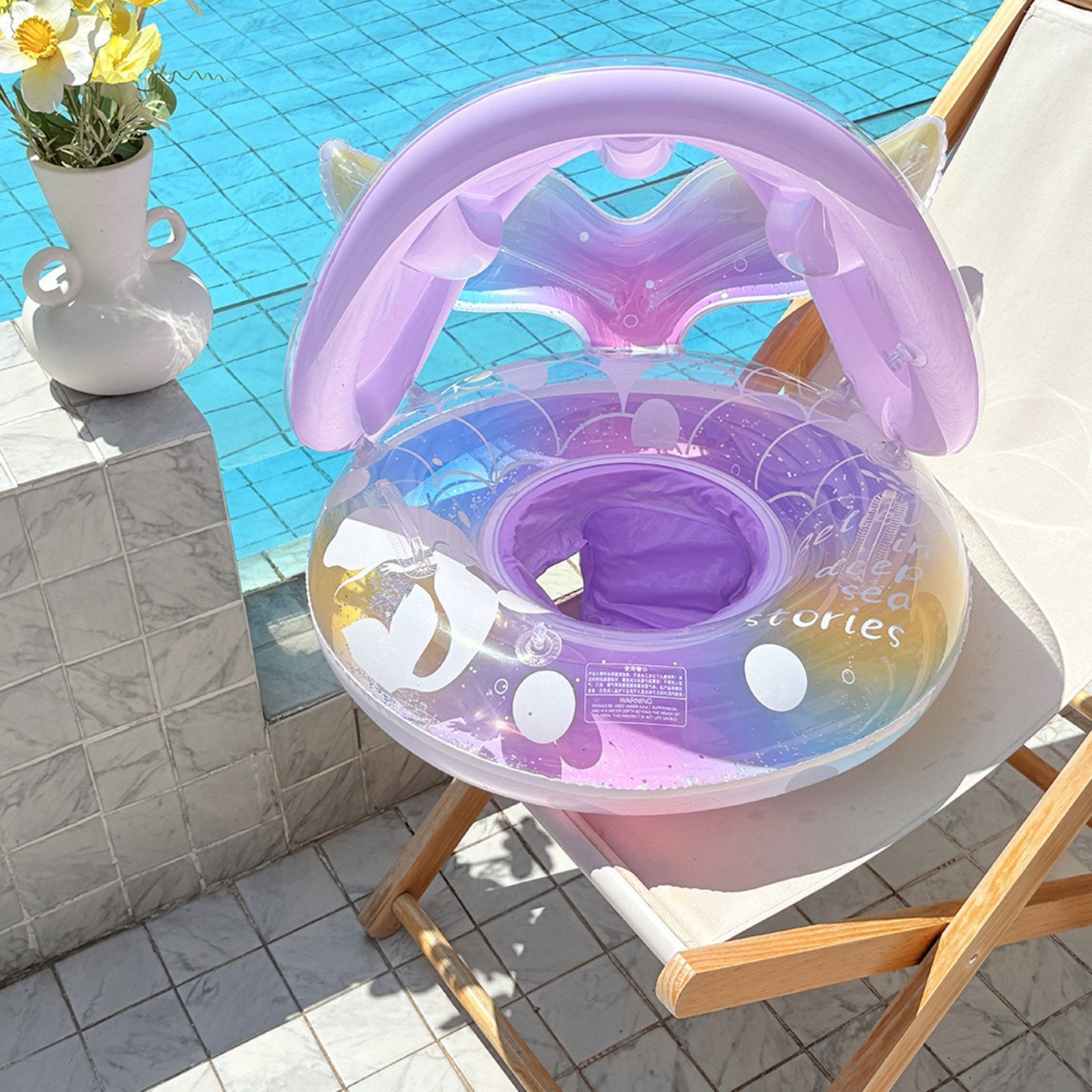 Sun Protection Baby Swim Buoy with Canopy Retro Aesthetic Sunshade Swimming Circle Color Block Design for Babies, Beach, Outdoor