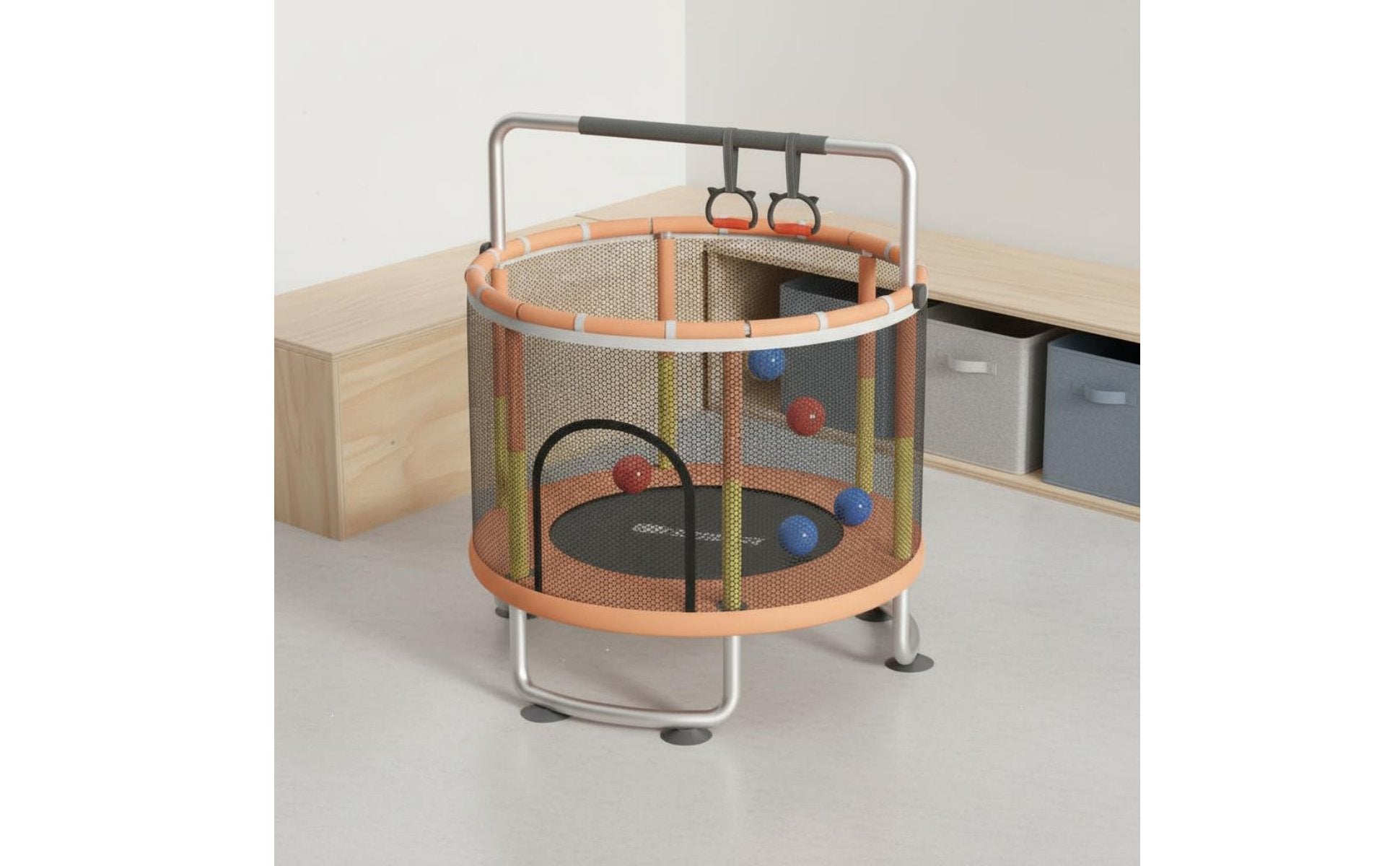 Quiet Bouncing Kids Trampoline with Safety Net Anti-Tip Stable Base Mini Trampoline with Enclosure Long-Lasting Steel Frame Small Jumping Bed with Guardrail for Toddlers, Playroom