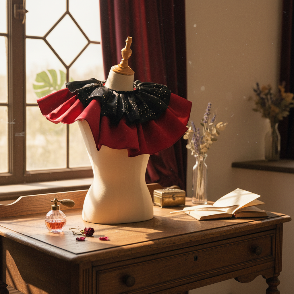 Black and Red Ruffle Collar Glittering Satin Costume Collar Detachable