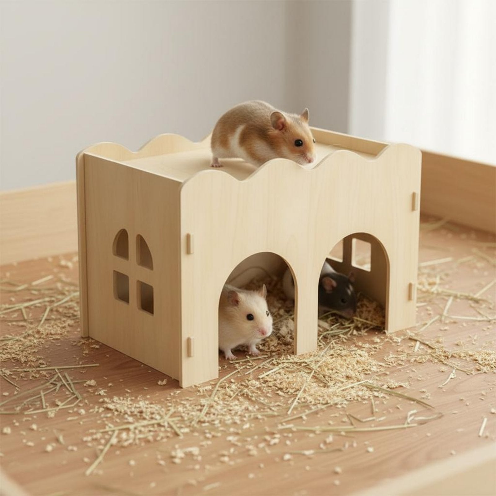 Wooden Hamster House Chew-Resistant Resistant Enclosure Accessory Flat Top
