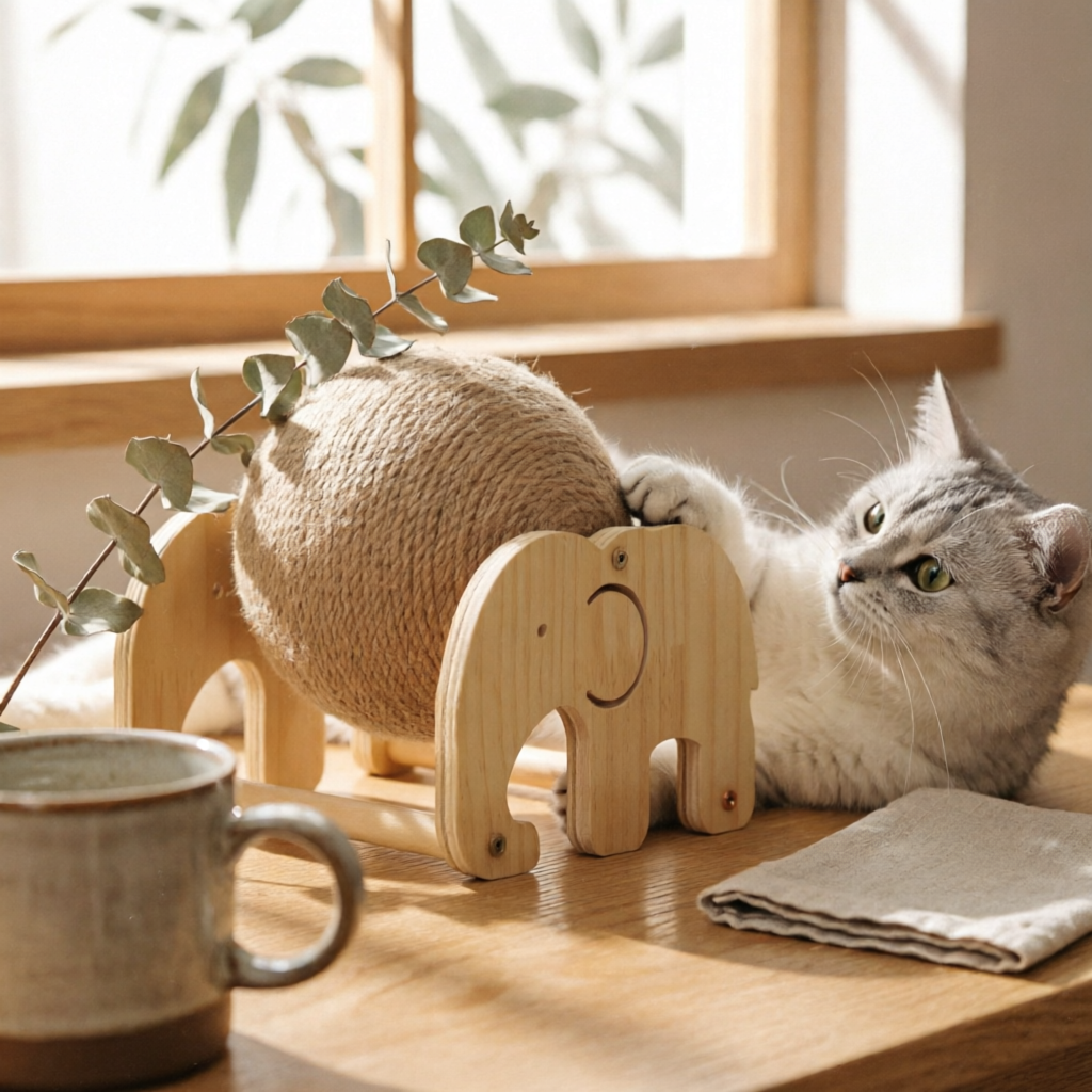 Kitten Scratching Post with Balls Natural Wood Sisal Rope Ball Indoor Use