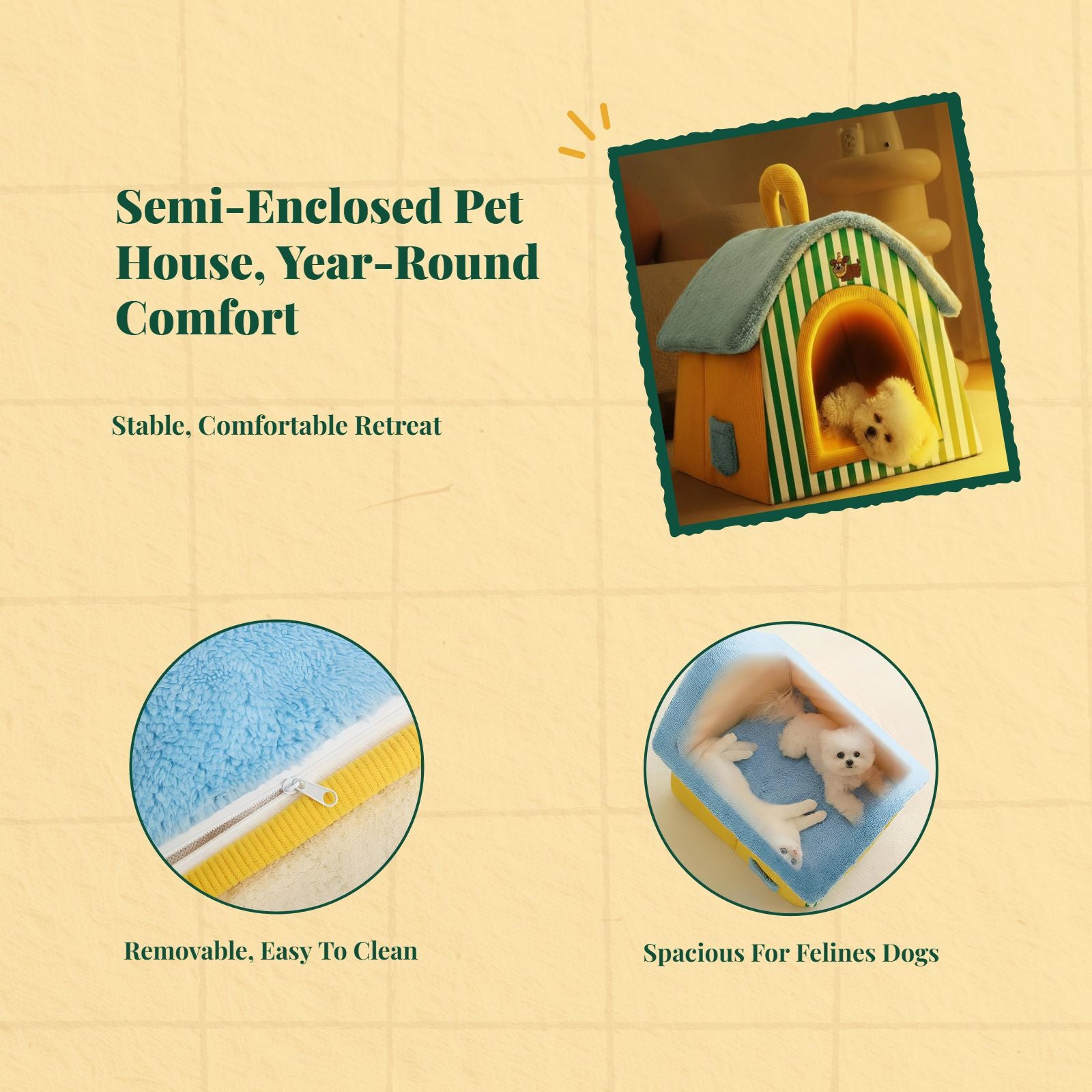 All-Season Pet Bed, Semi-Enclosed Cat House, Removable Pad