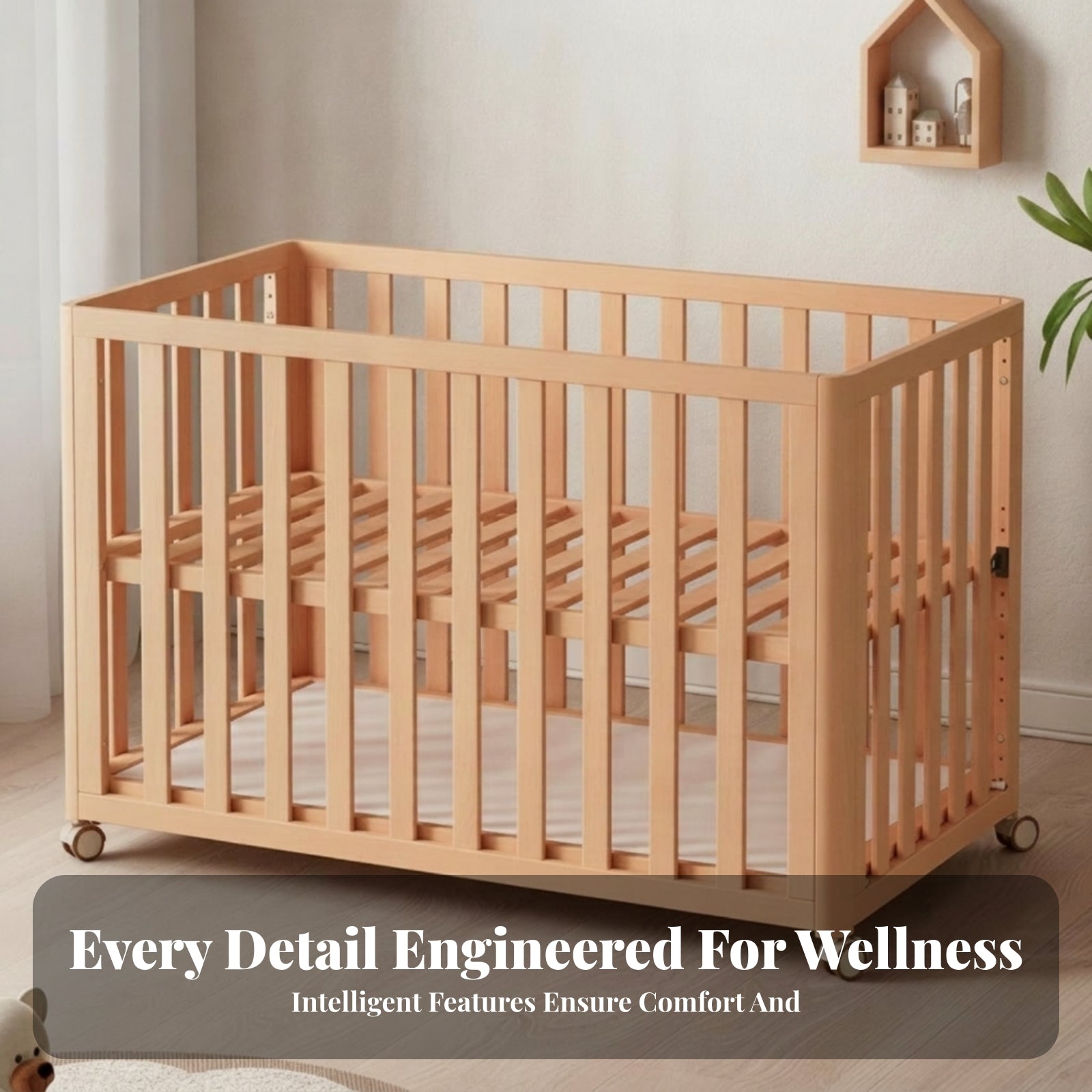 Infant Crib Beech Wood Adjustable Crib Casters for Infants, Young Children