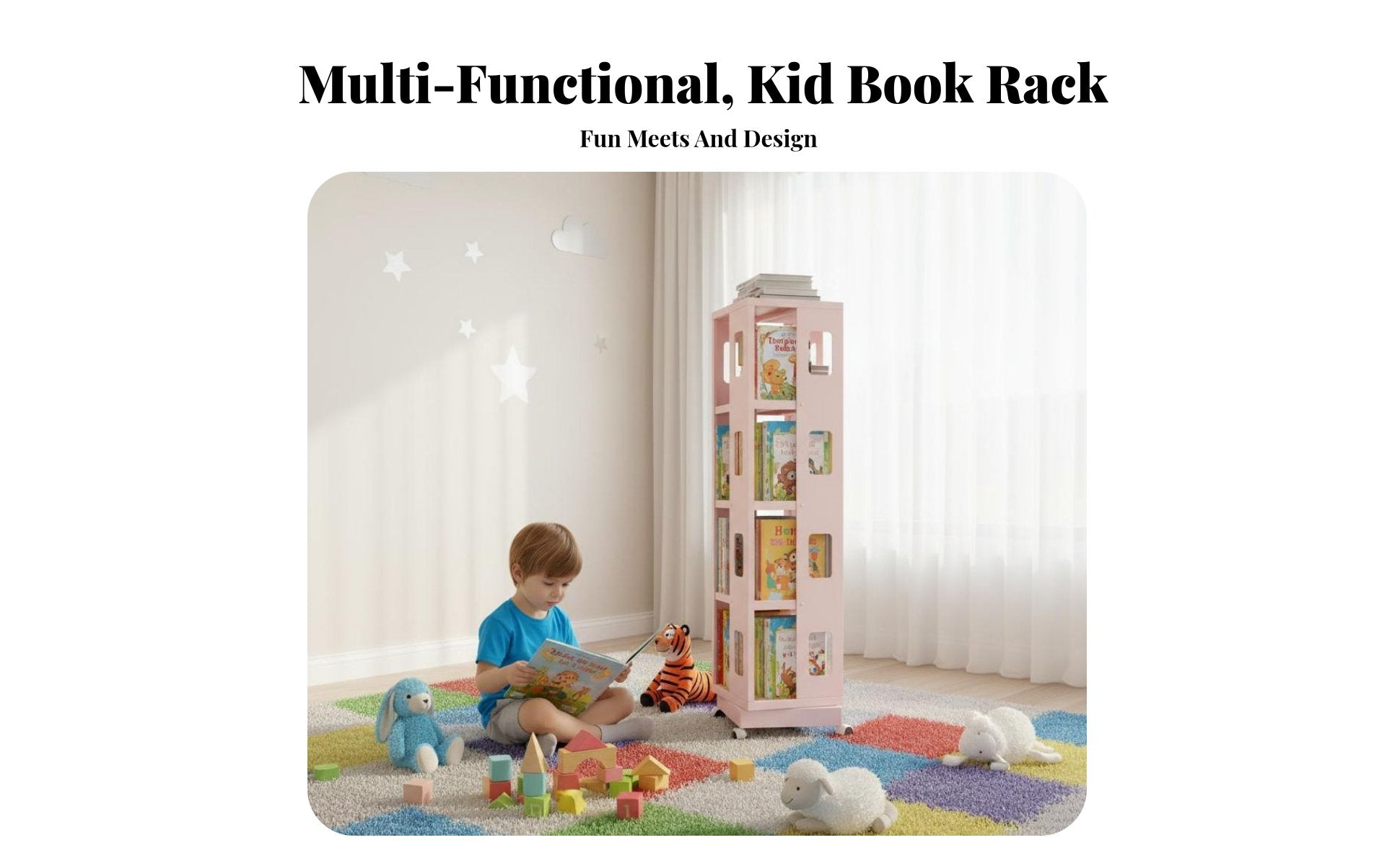 360-Degree Rotation Revolving Book Tower Mobile Design rotating Book Tower Space Saving children's Furniture Large Capacity for Toddlers, Students, Parents, Playroom, Nursery, Kindergarten, Study Room