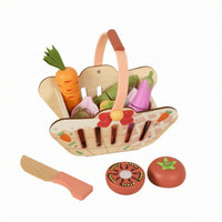Pretend Fruit and Vegetable Basket Light Wood Finish Wooden Fruit Basket Toy Print for Children