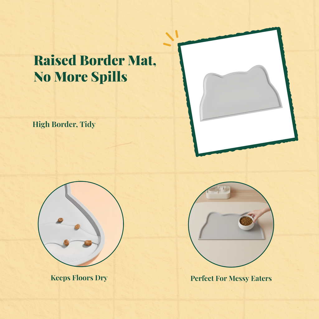Pet Feeding Mat, Silicone Water-resistant Pet Bowl Placemat, Non-Slip, Easy to Clean, Raised Border, Prevents Spills