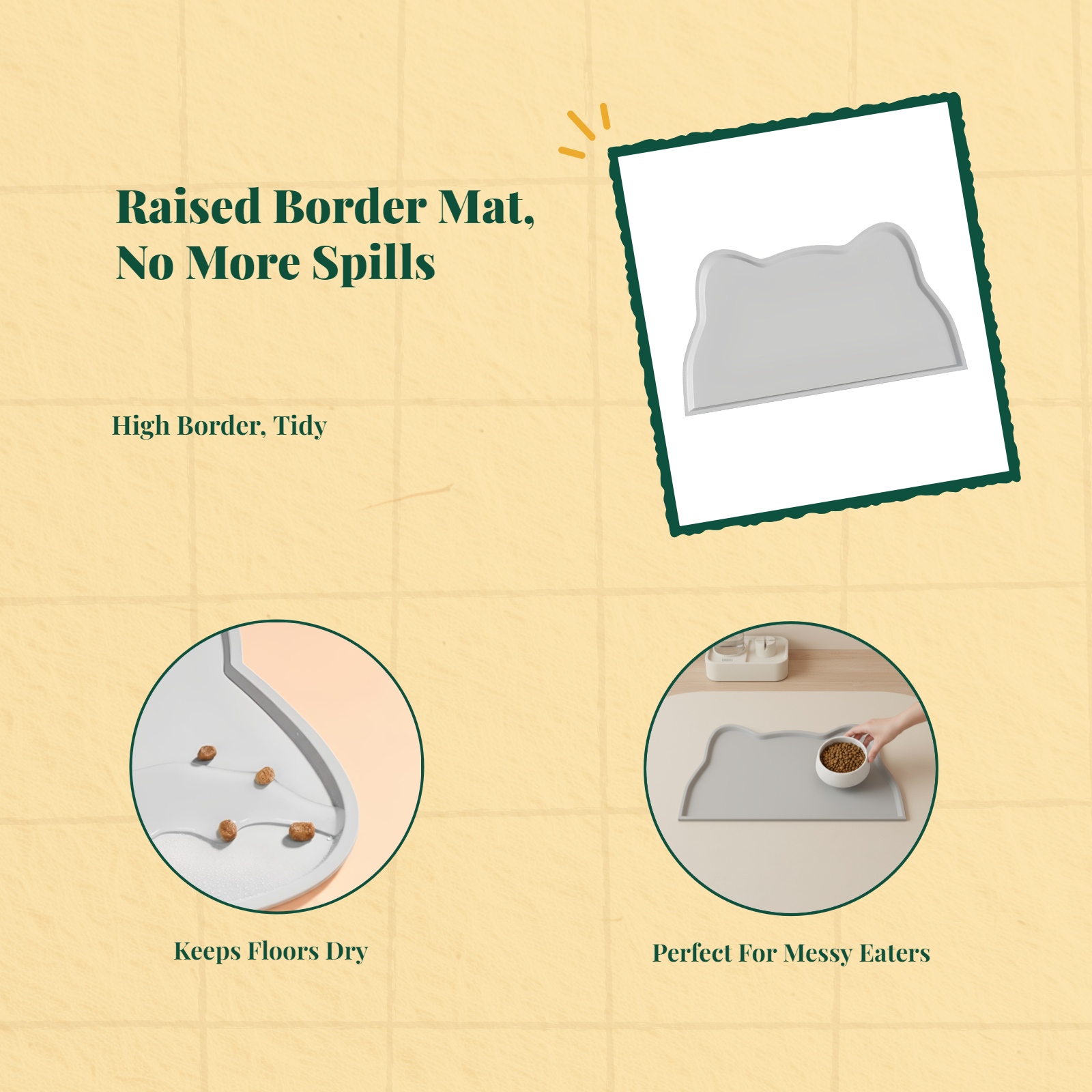 Pet Feeding Mat, Silicone Water-resistant Pet Bowl Placemat, Non-Slip, Easy to Clean, Raised Border, Prevents Spills