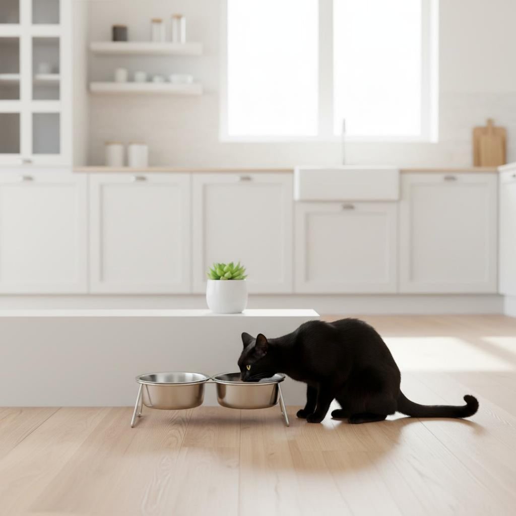 Double Stainless Steel Pet Bowls Easy to Clean Tilted Cat Food and Water Station
