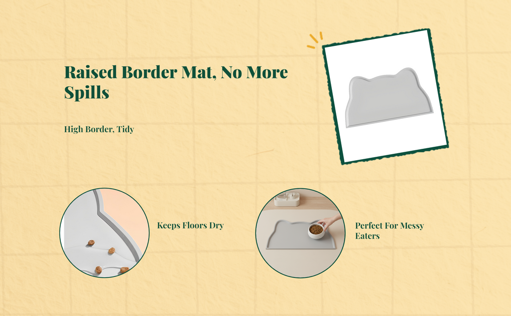Pet Feeding Mat, Silicone Water-resistant Pet Bowl Placemat, Non-Slip, Easy to Clean, Raised Border, Prevents Spills