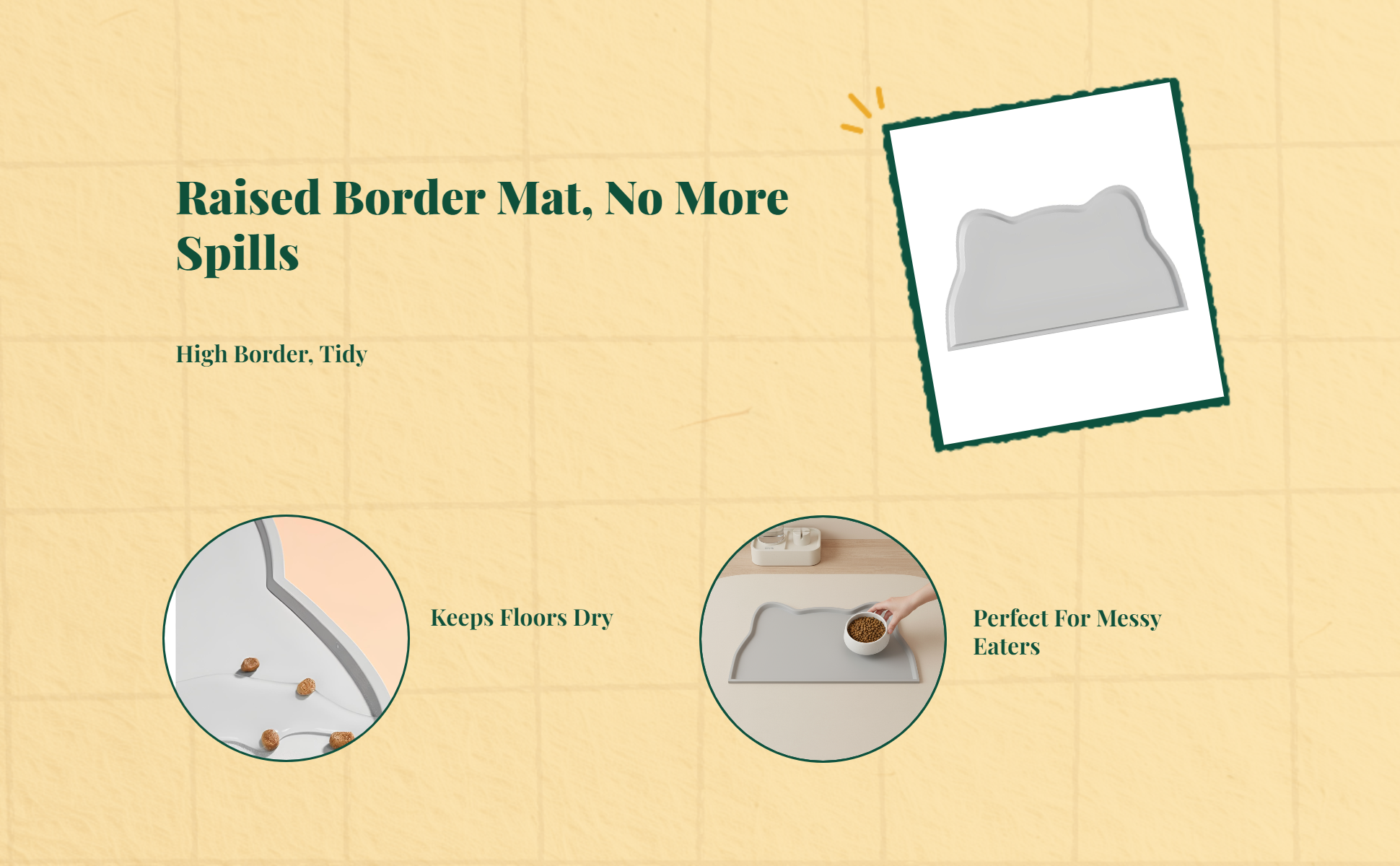 Pet Feeding Mat, Silicone Water-resistant Pet Bowl Placemat, Non-Slip, Easy to Clean, Raised Border, Prevents Spills