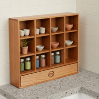 12-Grid Display Case with Drawer Solid Wood 1/6 Scale Doll Furniture for Desktop