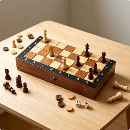 Wooden 3-in-1 Game Box Compact 3 in 1 Wooden Chess Set Rectangular