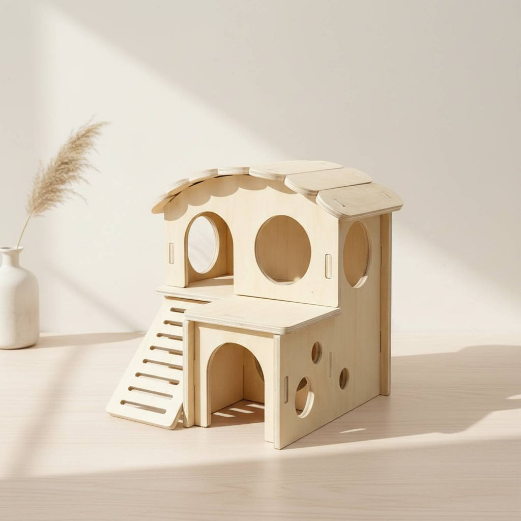 Double-Decker Hamster House Multi-Functional Stairs Wooden Pet Hut Natural Wood
