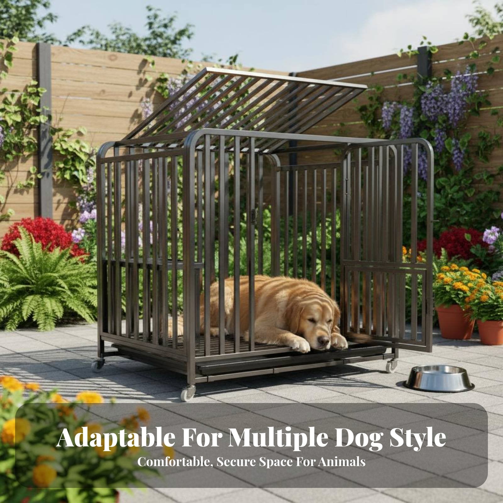 Removable Tray Heavy-Duty Dog Crate Spacious Interior Rolling Metal Bar Enclosure Easy to Clean Pet Enclosure Chew-Resistant-Proof for Owners of Large Dogs, Breeders, Kennel Operators, Indoors, Indoor, Outdoors, Outdoor