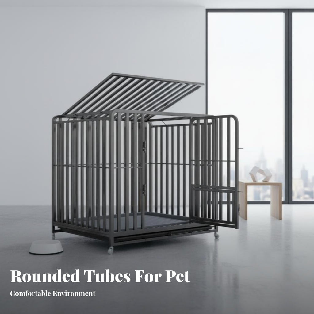Removable Tray Heavy-Duty Dog Crate Spacious Interior Rolling Metal Bar Enclosure Easy to Clean Pet Enclosure Chew-Resistant-Proof for Owners of Large Dogs, Breeders, Kennel Operators, Indoors, Indoor, Outdoors, Outdoor
