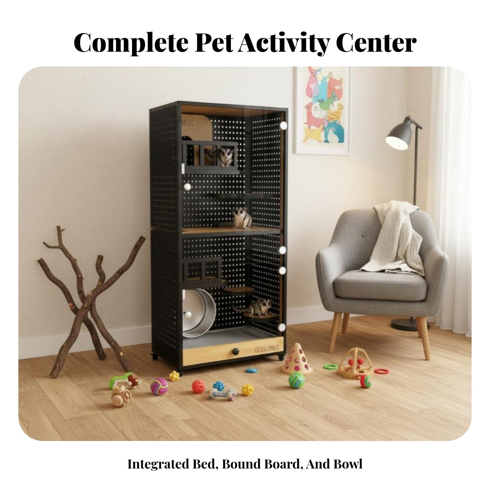 With Cooling System Chinchilla Villa Luxury Cabinet Design Indoor Pet Enclosure ampleLarge Space Small creature Habitat Ventilated Pegboard for Living Room, Bedroom, Home