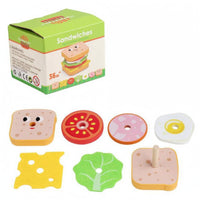 Wooden Sandwich Stacking Toy Cartoon Face Pretend Play Sandwich Rounded Corners