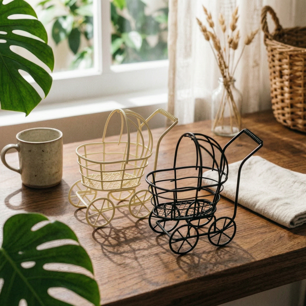 Wire Stroller Vehicle Uncovered Basket Display Piece Loop Handle for Garden
