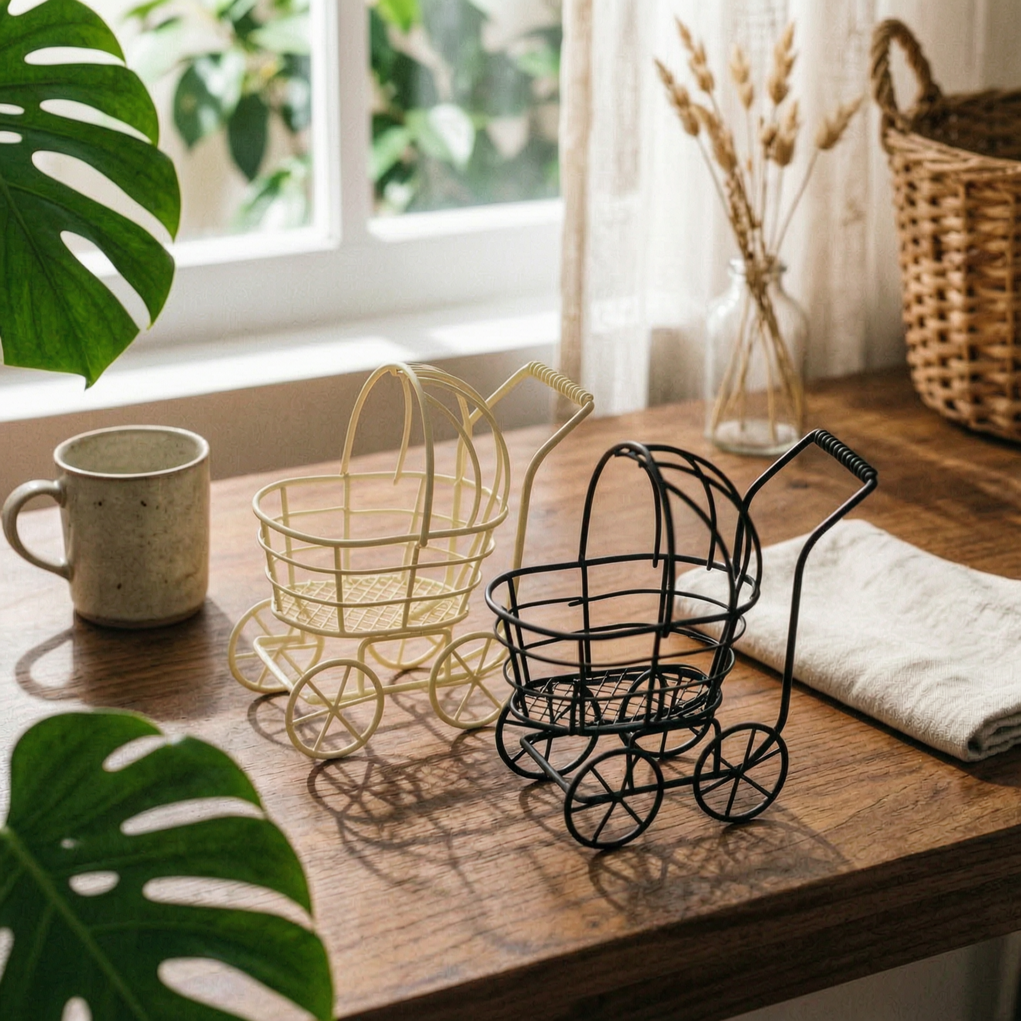 Wire Stroller Vehicle Uncovered Basket Display Piece Loop Handle for Garden