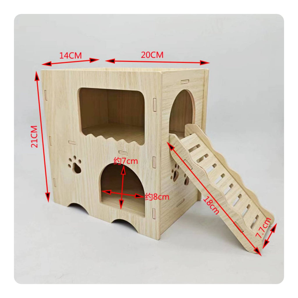 2-Story Hamster Hideout Solid Wood Wooden Hamster House with Ramp Easy Assembly