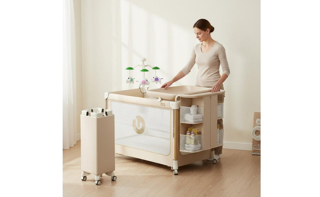 Multifunctional Baby Crib Adjustable Height Rolling Baby Bassinet for Newborns