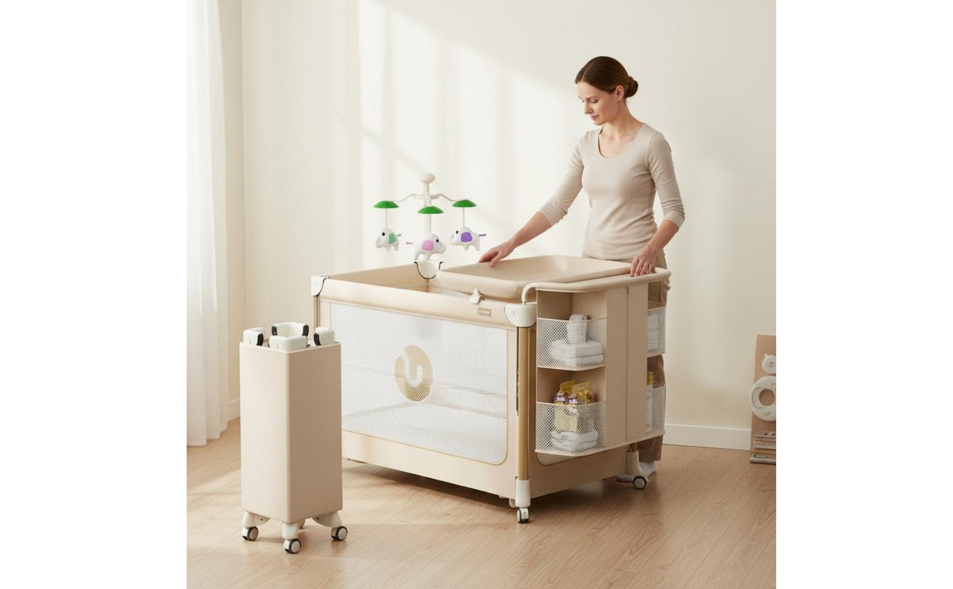 Multifunctional Baby Crib Adjustable Height Rolling Baby Bassinet for Newborns