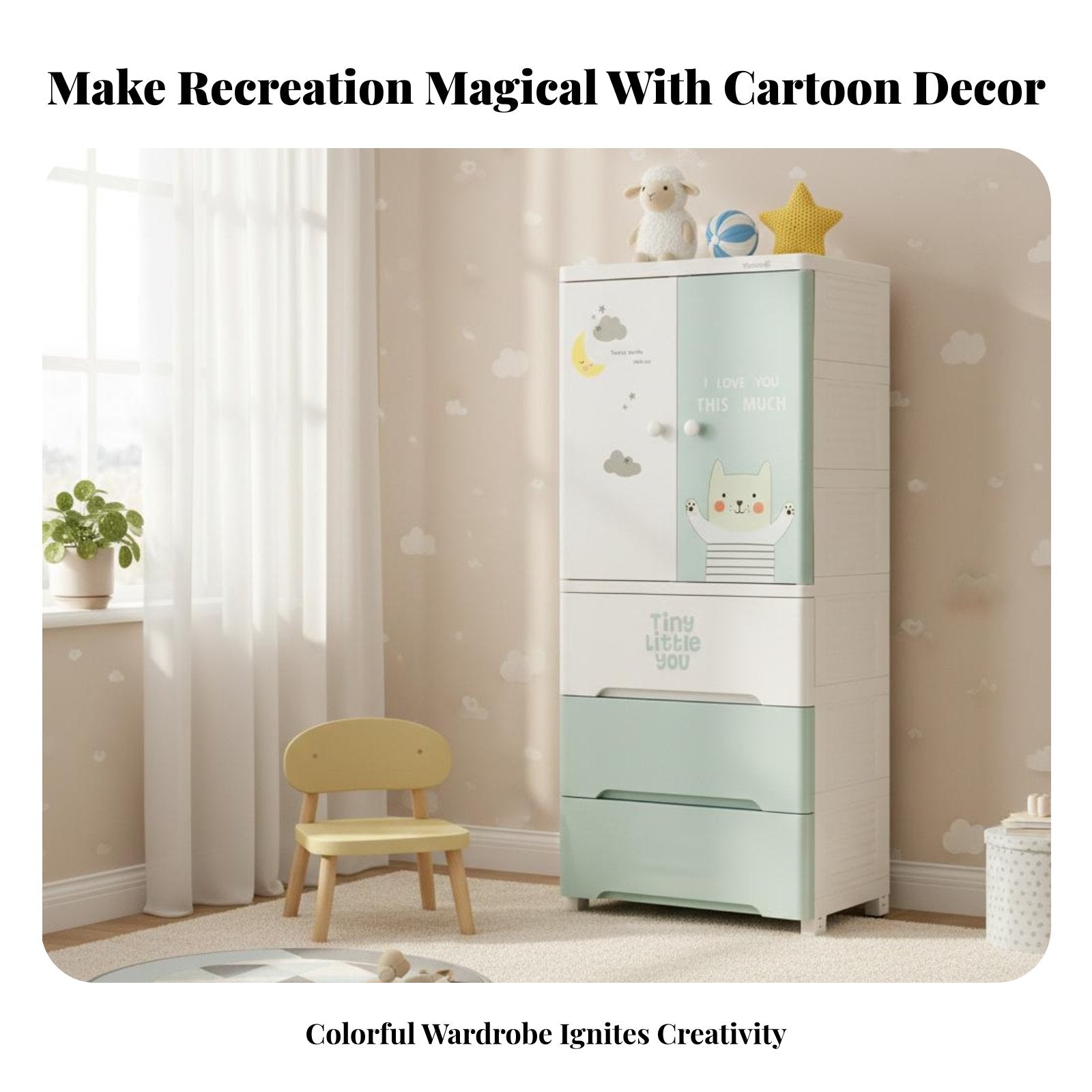 Large Capacity Multi-Bin Storage Cabinet child-appropriate Height Cartoon Drawer Chest Safe Rounded Corners children's Furniture Lightweight Design for Toddlers, Parents, Nursery, Playroom, Bedroom, Closet