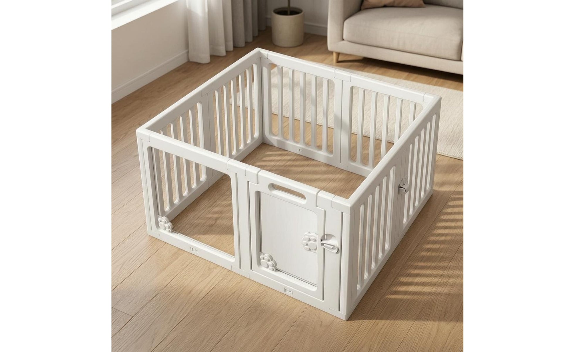 White Dog Playpen Fence Plastic Indoor Dog Fence Snap-Together Freestanding Pet Gate Lockable Door for Household Use