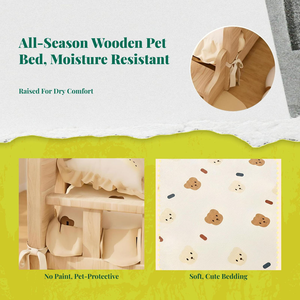 Wooden Elevated Dog Bed, Plush Mat, Indoor Comfort