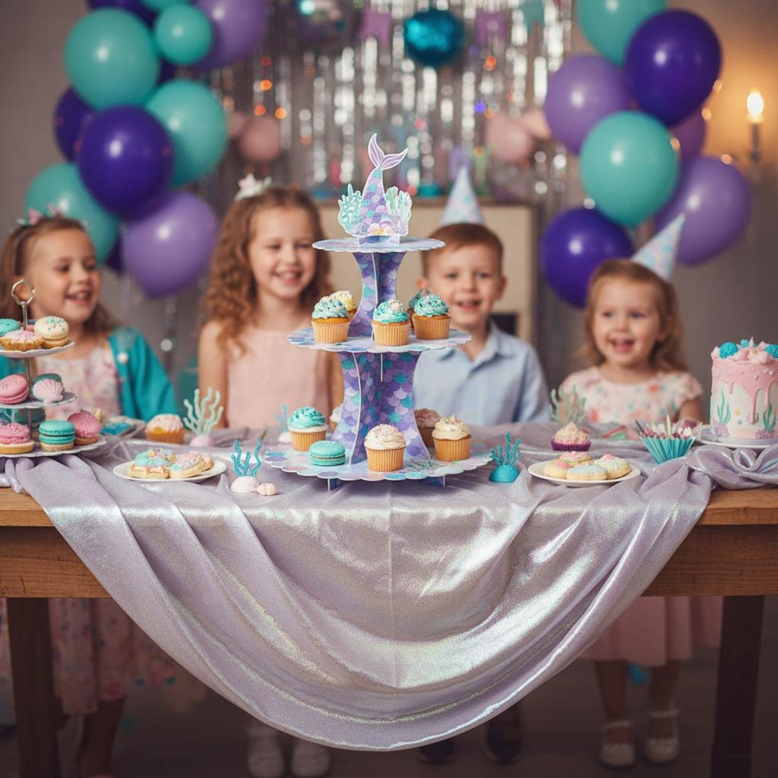 3-Tier Mermaid Cupcake Stand Easy to Assemble for Baby Shower, Girls, Kids