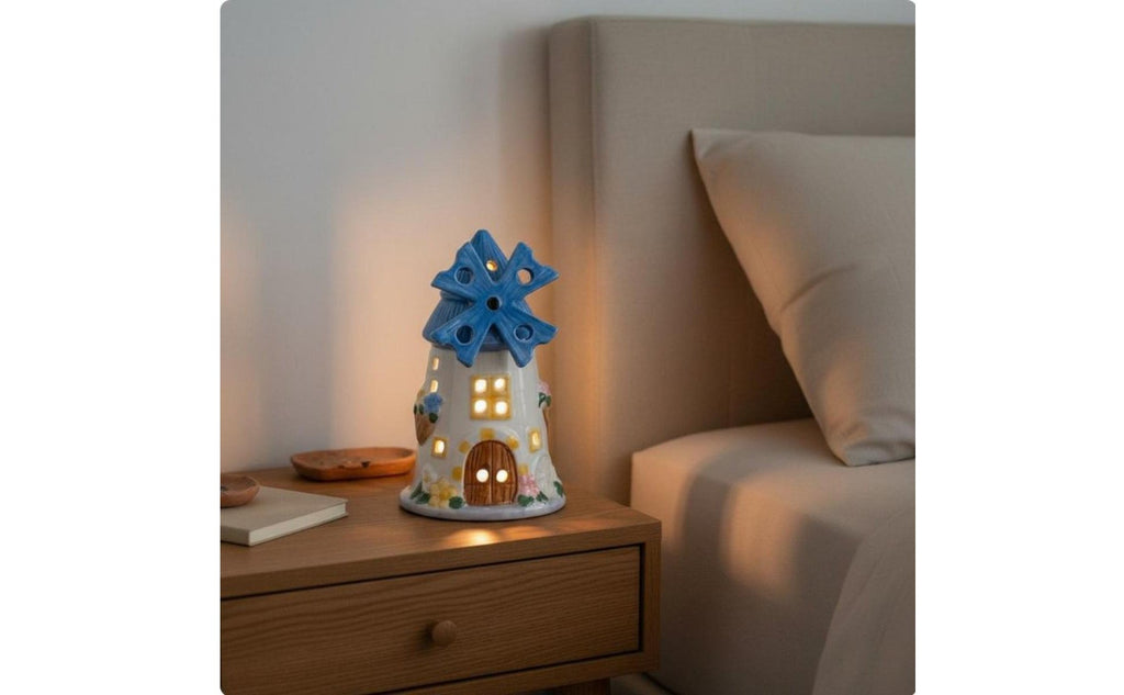 Windmills House Night Light Great Gift Idea Ceramic Windmills Lamp Decorative Cute Cottage Table Lamp for Children, Bedroom, Bedside, Study Room