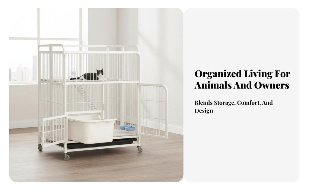 3-Tier Foldable Cat Kennel Integrated Litter Box Multi-Level Cat Crate Large Space Spacious Interior for Indoors, Home, Bedroom