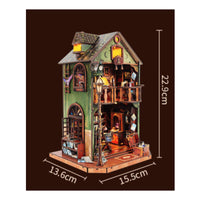 Miniature Library Book Alcove LED Lights Wooden Miniature House set Inviting Atmosphere Display 3D Puzzle House Model for Bookshelf, Desk