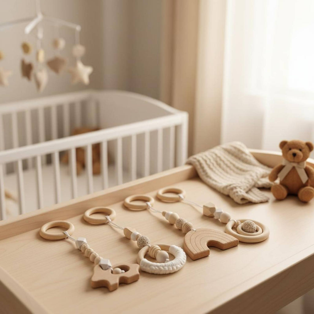 4 Pieces Wooden Baby Gym Toy Set Rainbow Wooden Infant Activity Gym for Crib
