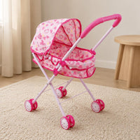 Rose-Colored Doll Carriage Metal Frame Toy Pram Curved Handle for Pretend Play