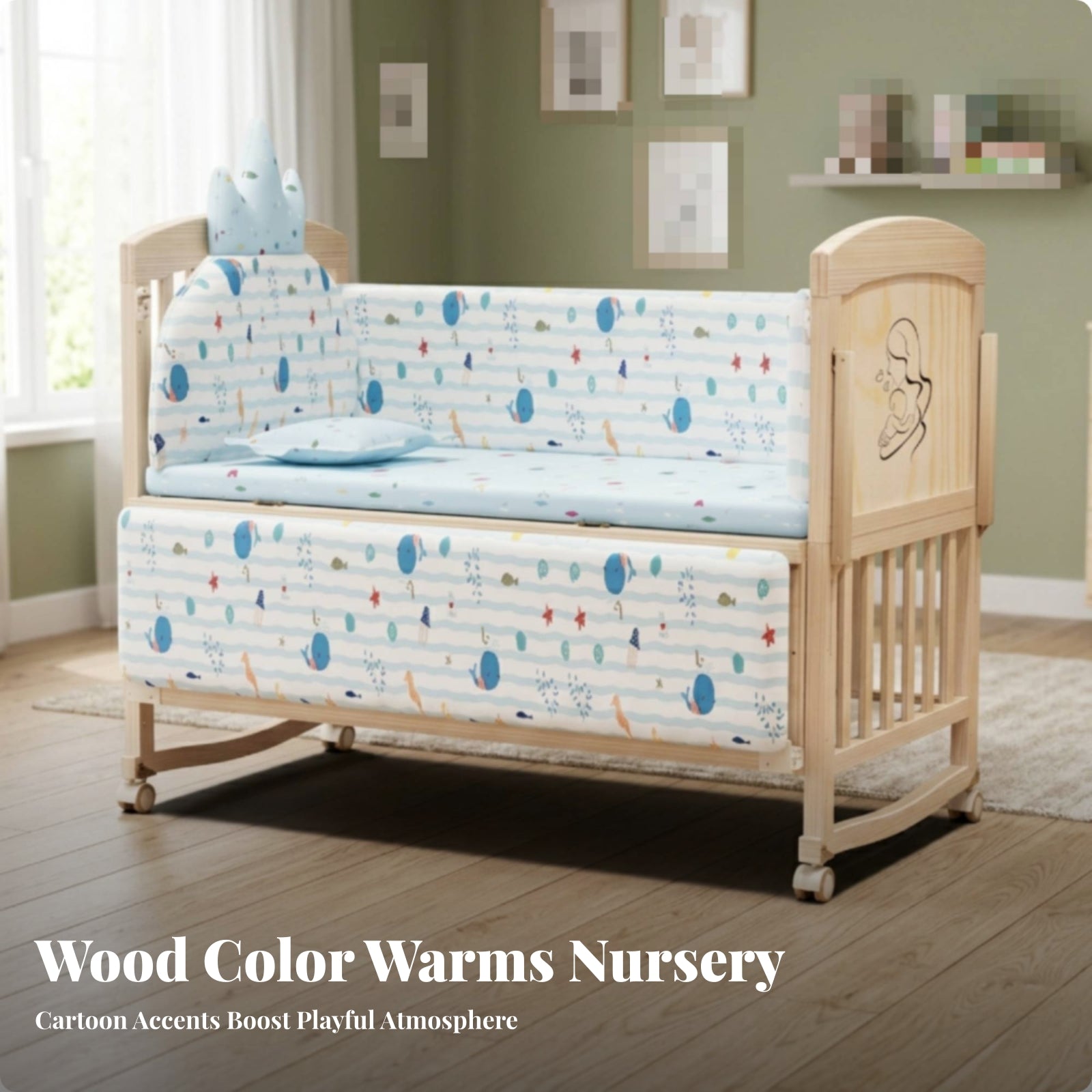 Slatted Wooden Crib Natural Wood Finish Wooden Baby Crib Multi-Functional Enclosed Base