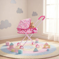 Rose-Colored Doll Carriage Metal Frame Toy Pram Curved Handle for Pretend Play