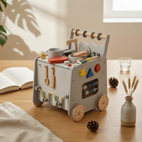 Wooden Play Kitchen Cart Pretend Cooktop Top Rolling Play Kitchen Cart Sink Area for Young Children