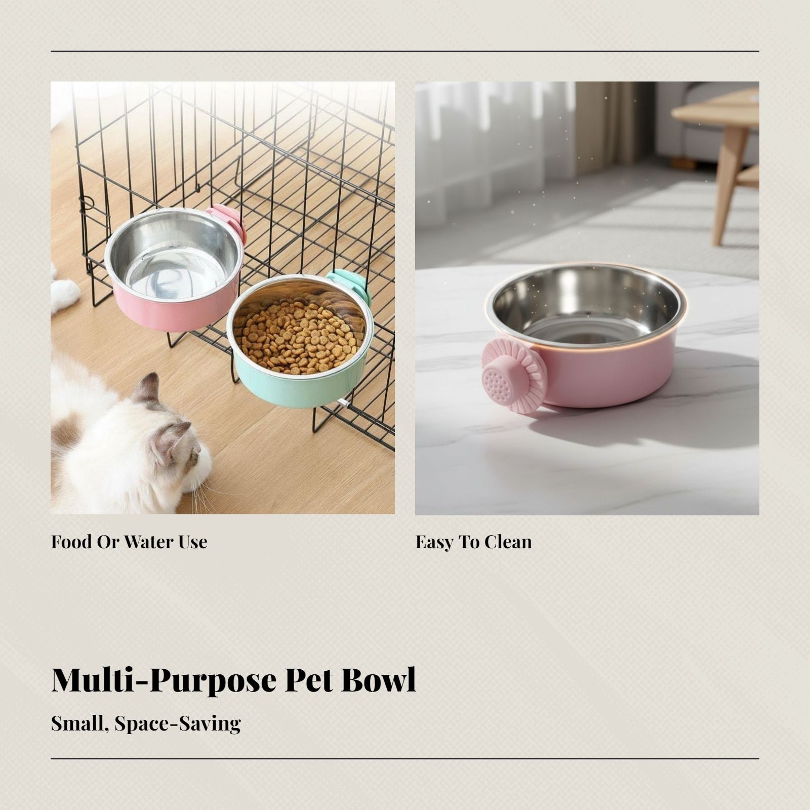 Pet Food Bowl, Hanging Stainless Steel Dog Cat Feeder, Leak-Resistant Automatic Water Dispenser, Fixed for Enclosures