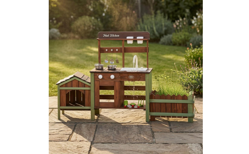 Wooden Outdoor-Pretend Kitchen Planter Box Wood-Look Play Kitchen Round Knobs Infant Toy